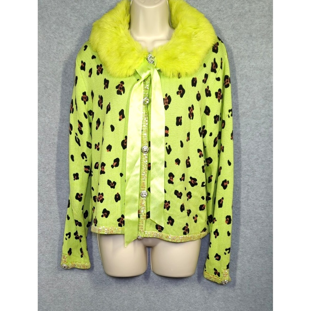 Vtg Y2K BEREK Kitsch Sweater XL Leopard Paw Prints Lime Green Faux Fur Collar